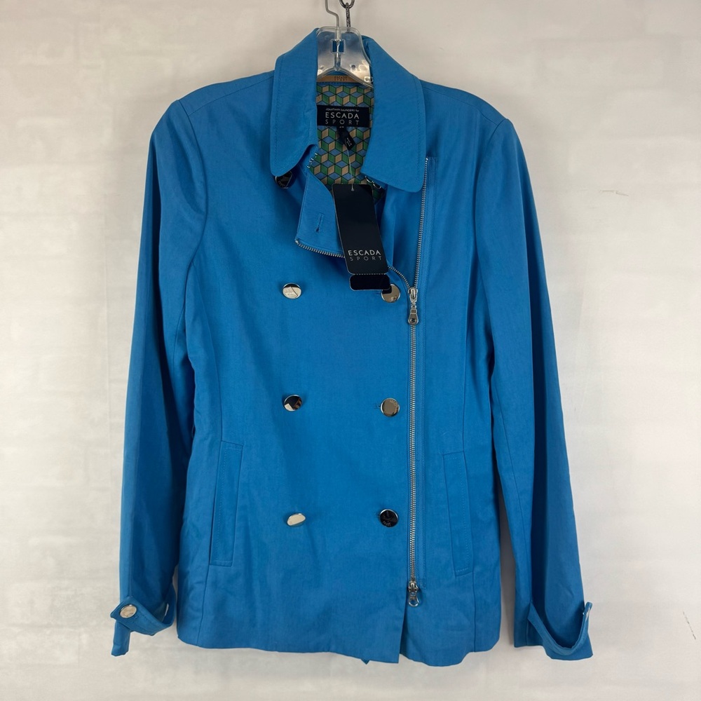 Escada Sport Jonathan Saunders Blue Zip Front Jacket Geo Lined EU 34 NWT